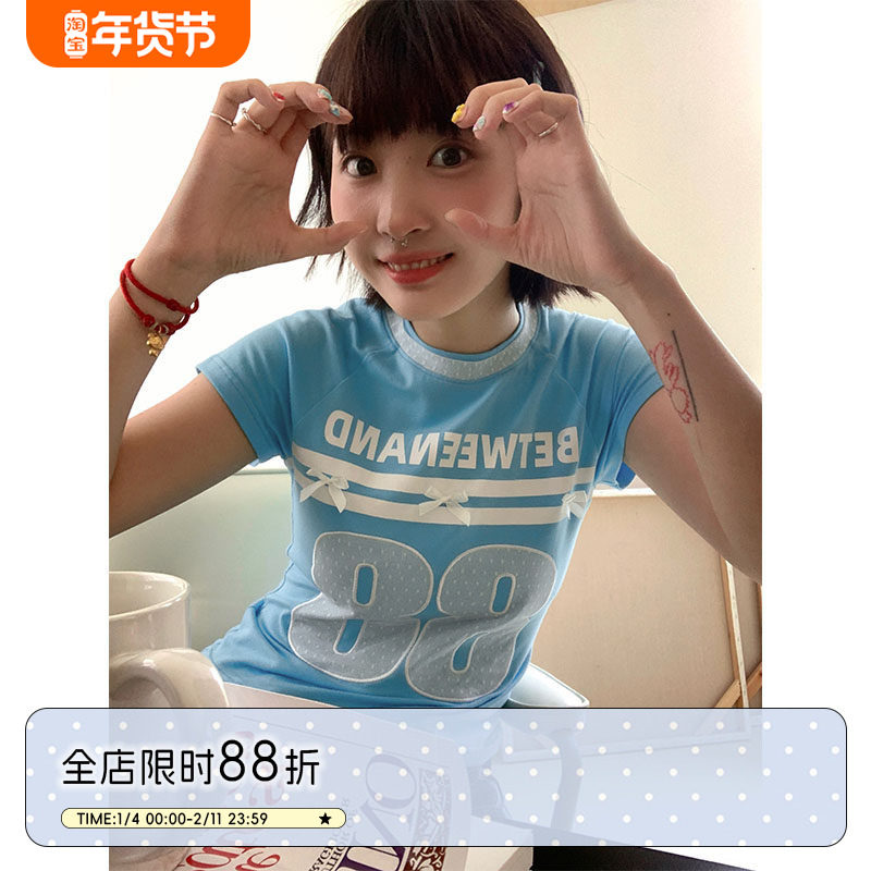 BETWEENAND 细节满满少女芭蕾运动风蕾丝贴布绣蝴蝶结蓝色短袖女,女装/女士精品,T恤,淘宝优惠券,粉丝福利购,淘宝优惠卷