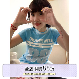 BETWEENAND 女 细节满满少女芭蕾运动风蕾丝贴布绣蝴蝶结蓝色短袖