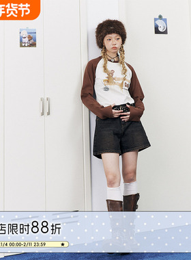 BETWEENAND 不吞夏季美式女孩做旧感牛仔短裤女百搭水洗黑色裤子