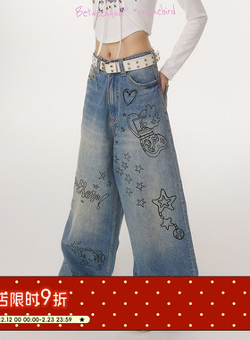 BETWEENANDx鸟鸟一 夏季未来感复古蓝宽松涂鸦满印牛仔裤长裤女