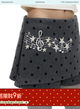BETWEENAND「英伦小调」冬季灰色音符波点毛呢加厚裙裤女2026新款
