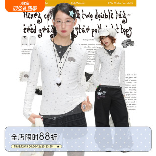 BETWEENAND 打底柔软舒适上衣 亨利领假两件双层灰白星星波点长袖