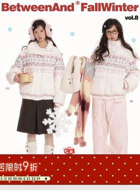 BETWEENAND 冬季费尔岛印花90白鸭绒羽绒服女立领防风保暖外套