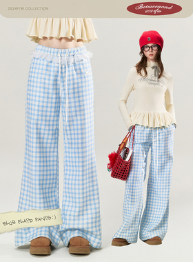 BETWEENAND 秋季显瘦加厚蓝色格纹裤女小花边直筒裤休闲裤长裤