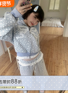 BETWEENAND 原创灰色花边设计宽松星星七分裤卫裤女 拿捏松弛感