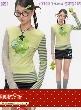 BETWEENAND 春季waji设计感涂鸦弹力四叶草印花拼色长袖T恤女新款