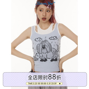 BETWEENAND 雨天狗狗假两件紧身背心女手绘涂鸦吊带上衣 不吞夏季