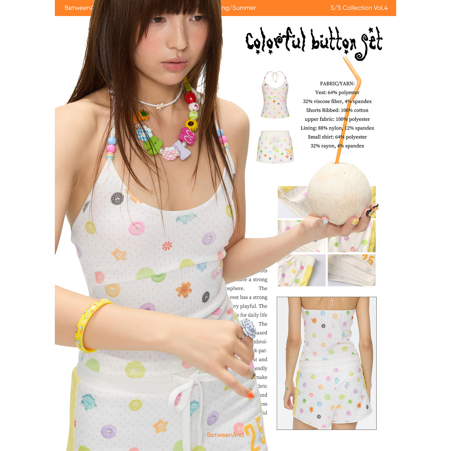 BETWEENAND 彩色纽扣挂脖背心女防晒长袖小衫沙滩短裤夏季三件套