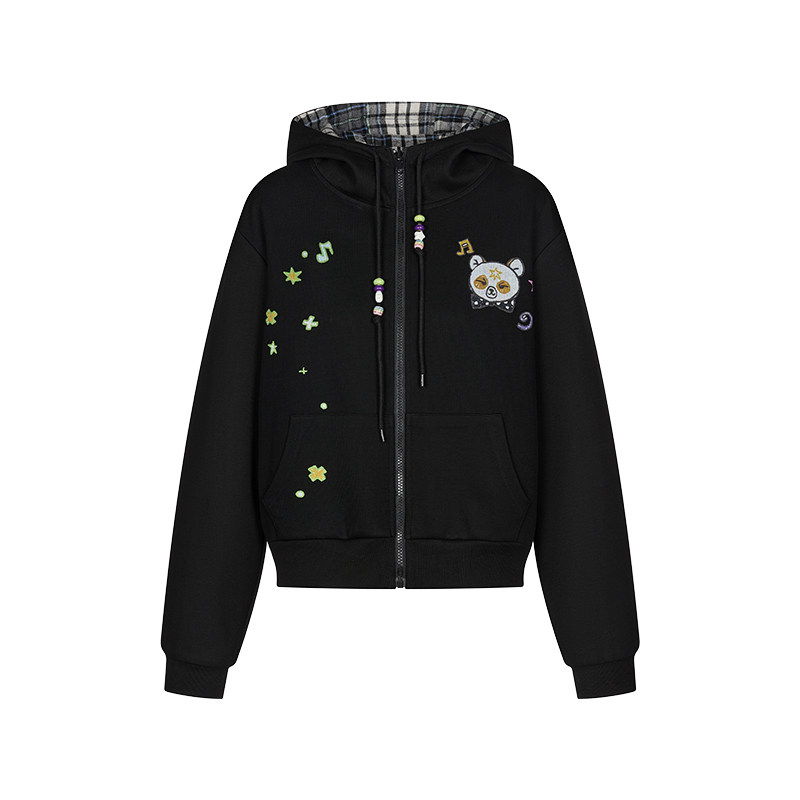 thumbnail for BETWEENAND spring waji reversible sweatshirt black plaid sweatshirt cardigan small fit jacket