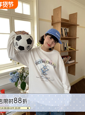 BETWEENAND 复古印花不吞俱乐部长袖T恤宽松纯棉百搭白色上衣女