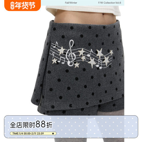 音符波点毛呢加厚裙裤