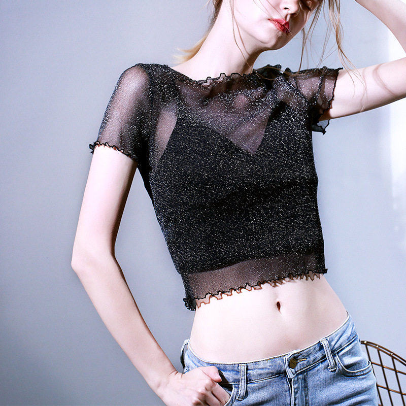 半透明上衣短款亮丝短袖超薄t恤女 网纱打底衫2019夏季新款闪光丝|msdalam kategori Butik wanita / wanita, baju lace/baju chiffon - dari Buy2taobao.com untuk memberikan perkhidmatan ejen Taobao profesional membeli