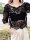 网纱外搭罩衫 吊带裙内搭t恤短袖 一字领镂空上衣 女夏季 蕾丝打底衫