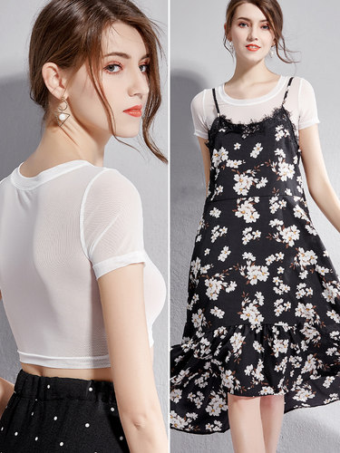 圆领百搭镂空纱网蕾丝纯色