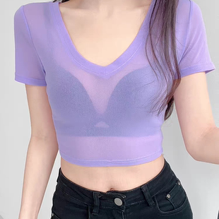 超薄v领冰丝网纱蕾丝T恤女夏季 修身 显身材上衣高腰露脐短袖 打底衫