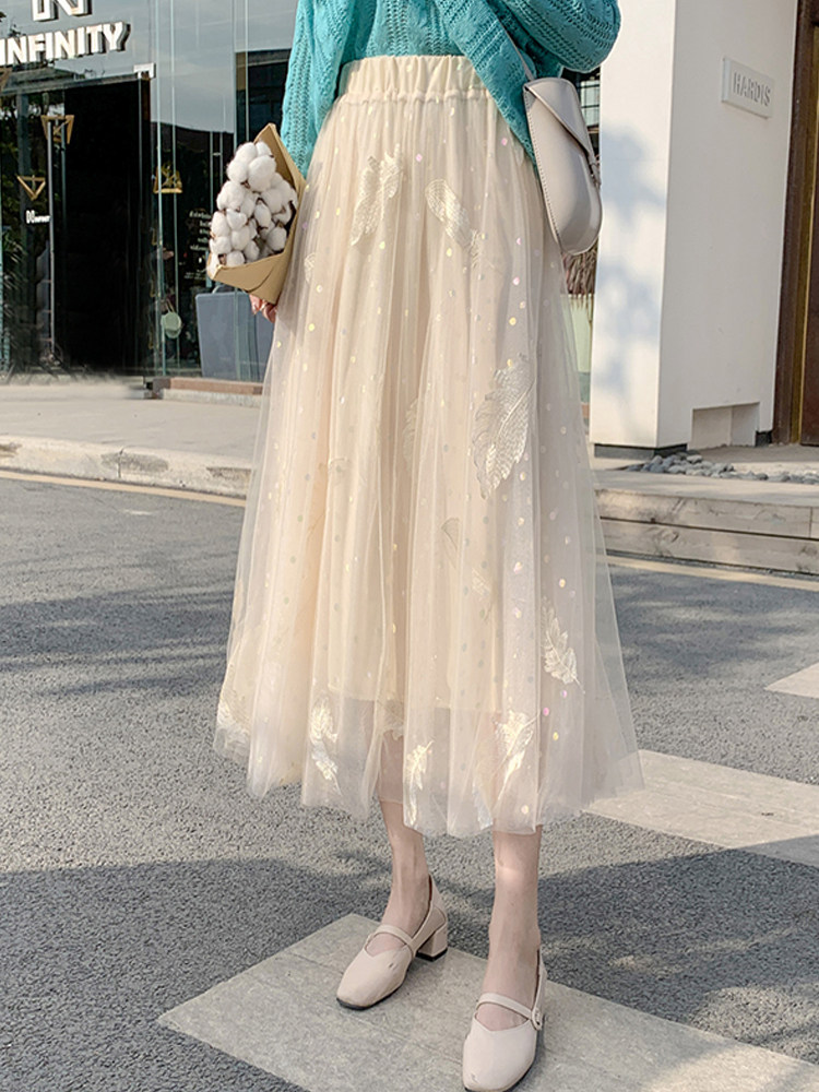 超仙网纱半身裙女春秋中长款高腰时尚刺绣羽毛打底裙子甜美纱裙潮