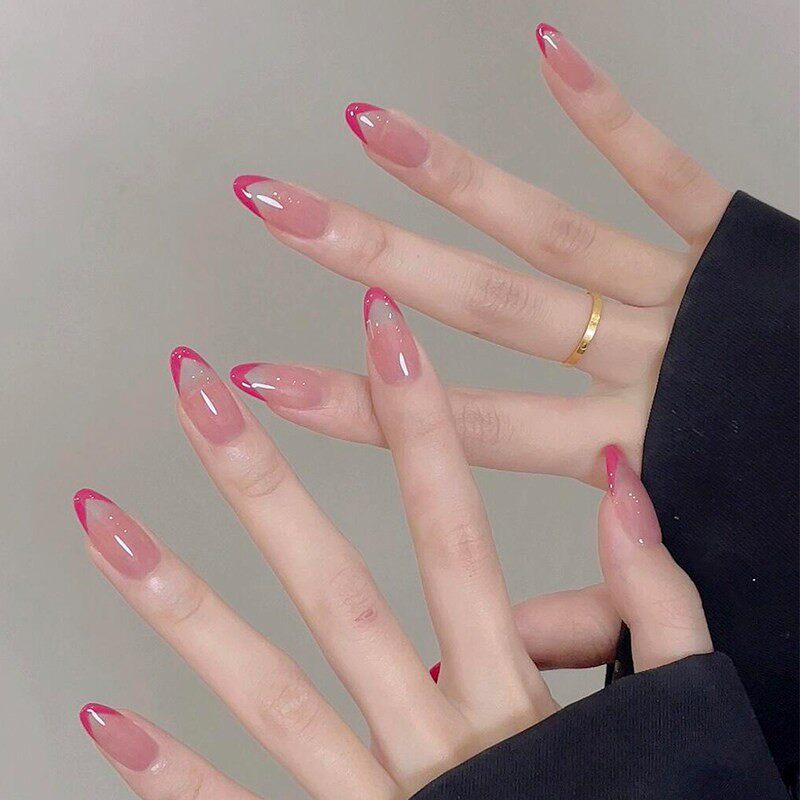 手工玫红色粉色法式美甲片穿戴甲2026新款中长款杏仁甲高级感显白