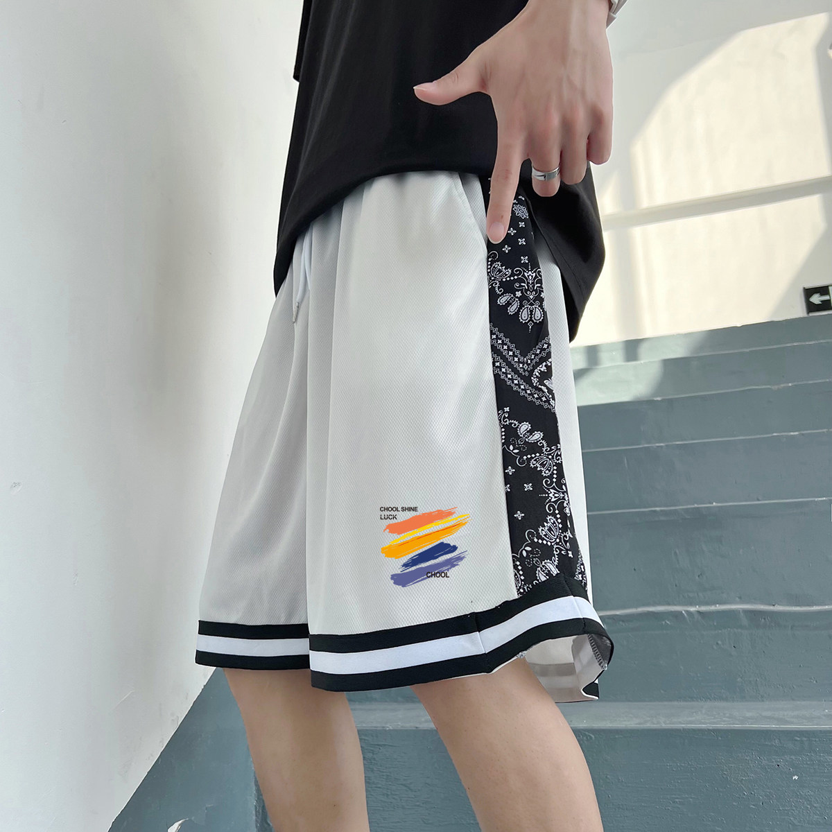 2025夏季冰丝短裤男潮宽松大码港风休闲五分裤撞色A155-K877-TP25,男装牛仔裤,电商A155-1