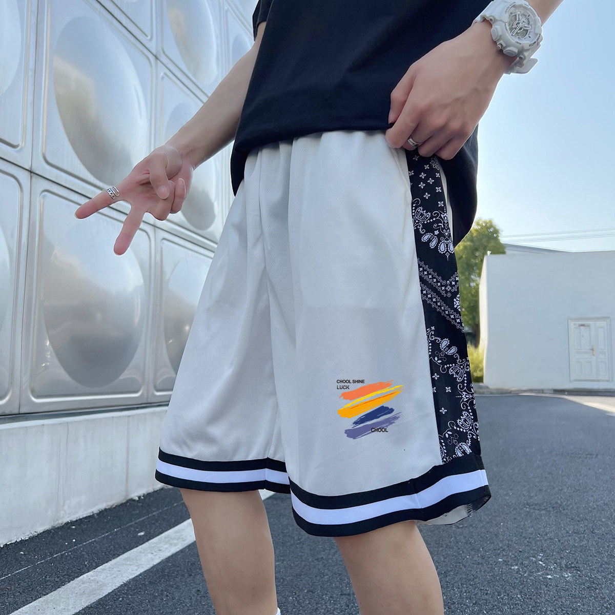 2025夏季冰丝短裤男潮宽松大码港风休闲五分裤撞色A155-K877-TP25,男装牛仔裤,电商A155-1
