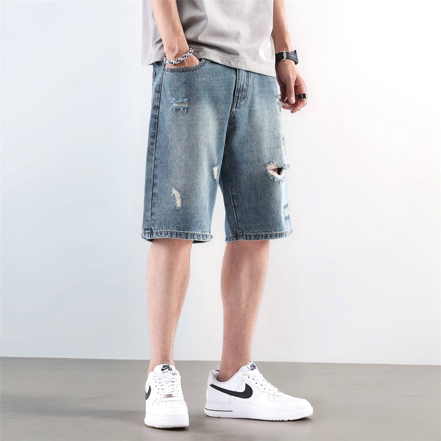 复古破洞牛仔短裤男宽松大码中裤夏季薄款五分裤A155-HC211-TP50,男装牛仔裤,电商A155-1