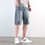 复古破洞牛仔短裤男宽松大码中裤夏季薄款五分裤A155-HC211-TP50，男装牛仔裤，电商A155-1