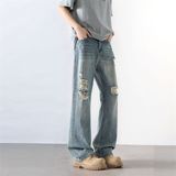 美式复古宽松直筒破洞牛仔裤男潮牌微喇夏季裤子A155-HC252-TP46，男装牛仔裤，电商A155-1
