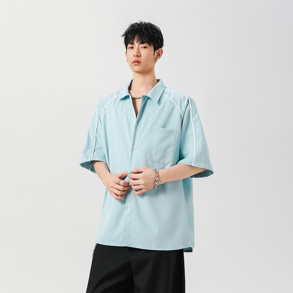 2025夏季短袖衬衫男美式潮牌宽松上衣简约百搭A155-KLC04-TP41,男装T恤,电商A155-1