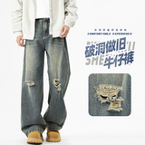 复古破洞牛仔裤子男宽松阔腿显高直筒休闲长裤子A155-SS206-TP51，男装牛仔裤，电商A155-1