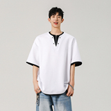 2025夏季短袖T恤港风宽松大码假两件上衣简约百搭A155-KLT08-TP47，男装T恤，电商A155-1