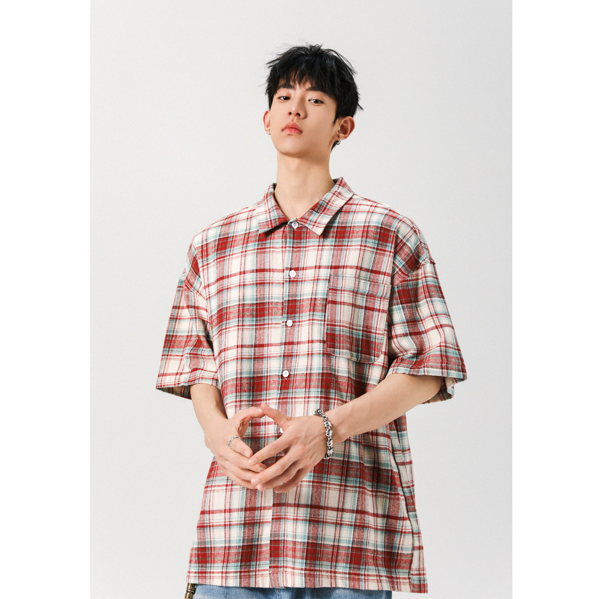 美式潮牌衬衫男2025夏季格子上衣潮流简约百搭A155-KLC02-TP47,男装衬衫,电商A155-1