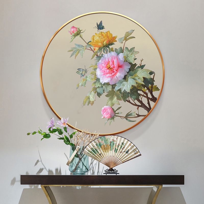 花开富贵牡丹花卉纯手绘油画客餐厅卧室挂画新中式玄关圆形装饰画图片