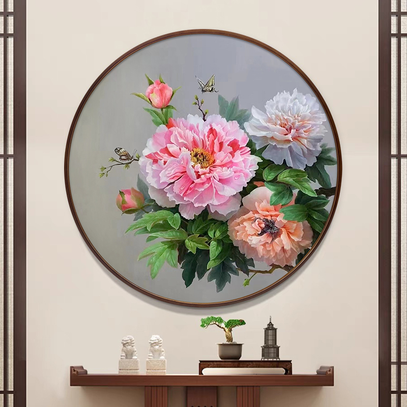 新中式入户玄关装饰画餐厅卧室圆形画花开富贵牡丹花卉纯手绘油画图片