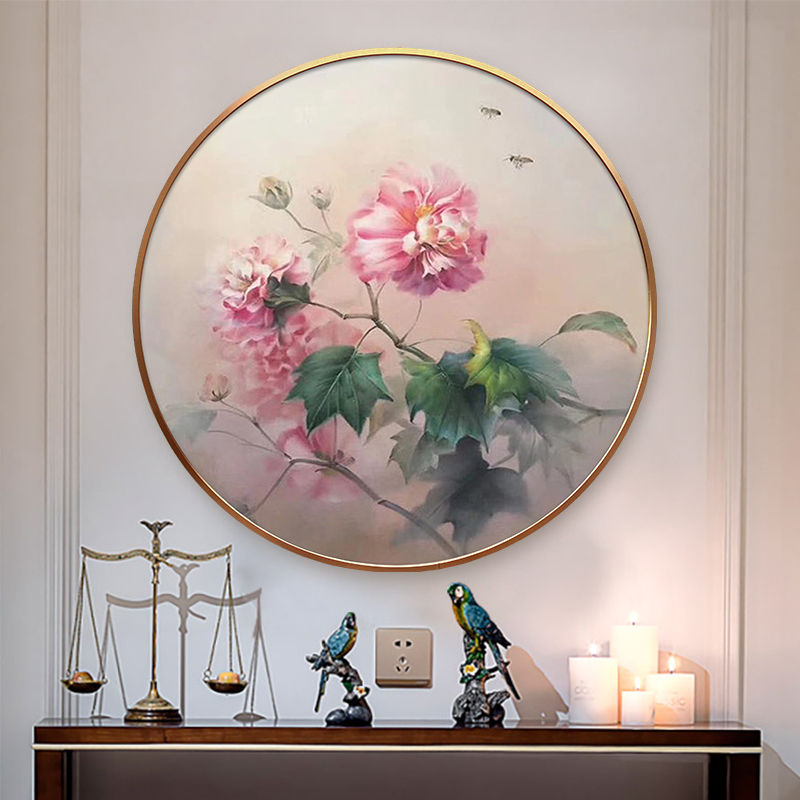 创意椭圆形画牡丹花鸟手绘油画新中式客厅玄关餐厅卧室家居装饰画图片