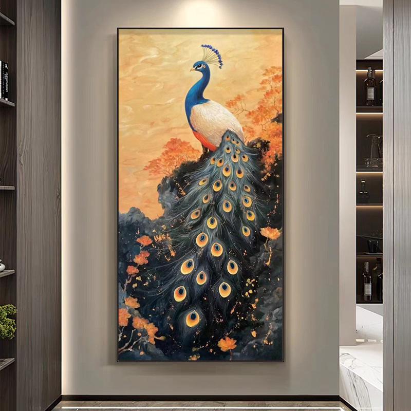 孔雀玄关装饰画入户进门走廊简约现代挂画新中式手绘竖版大气油画图片