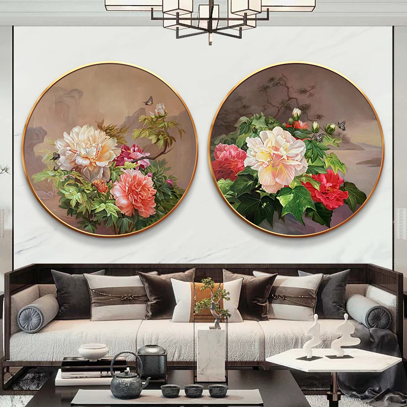 手绘蝴蝶牡丹花卉圆形画家居玄关装饰画客厅过道餐厅卧室床头挂画图片