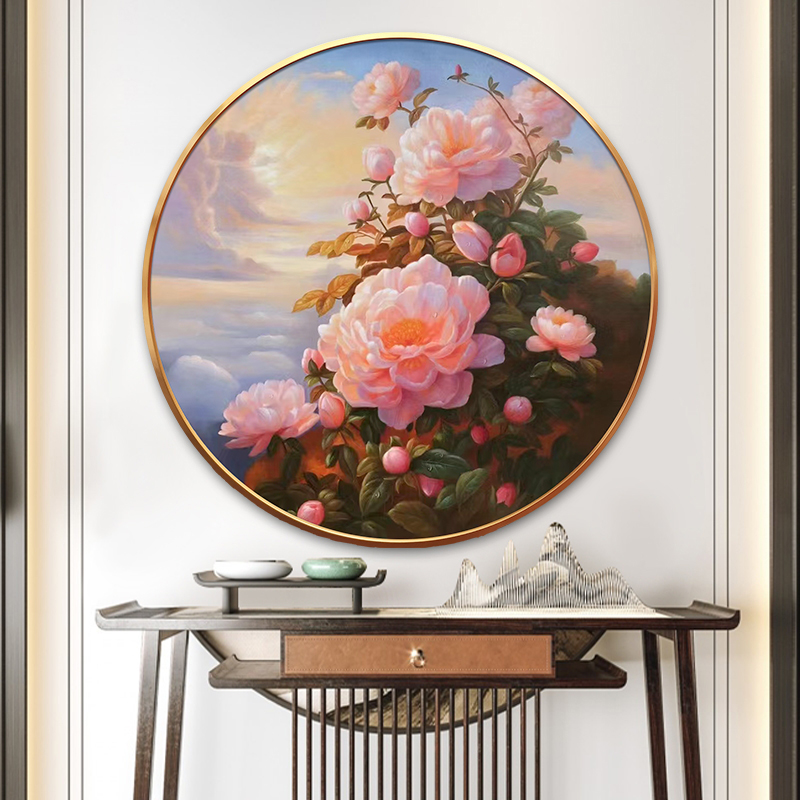 富贵牡丹圆形画新中式玄关客厅过道装饰画餐厅挂画纯手绘花卉油画图片