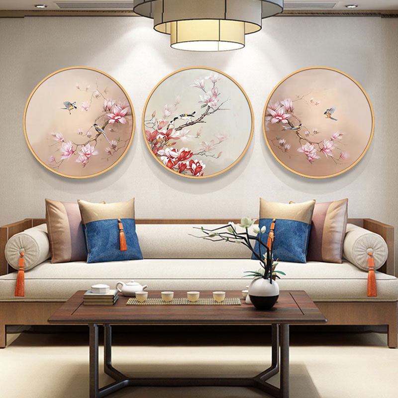 新中式手绘花鸟油画玄关卧室餐厅书房装饰挂画客厅三联椭圆形画图片