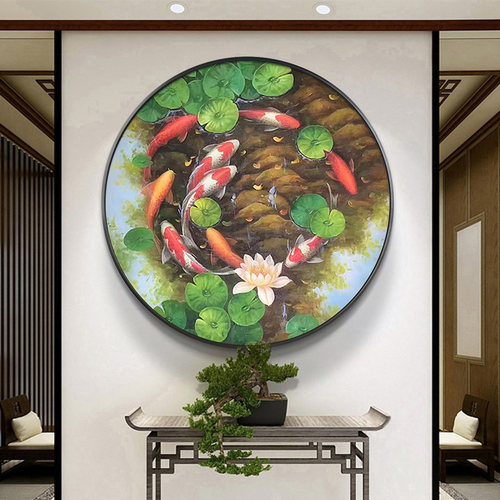 新中式风锦鲤九鱼图招财手绘油画