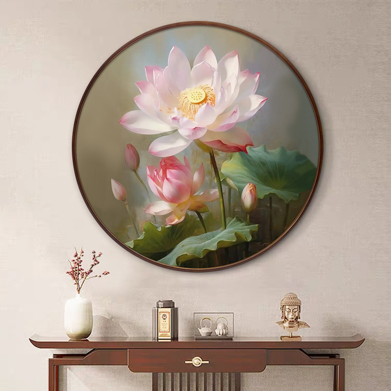 新中式玄关荷花圆形画纯手绘花卉油画餐厅过道装饰画和和美美挂画图片