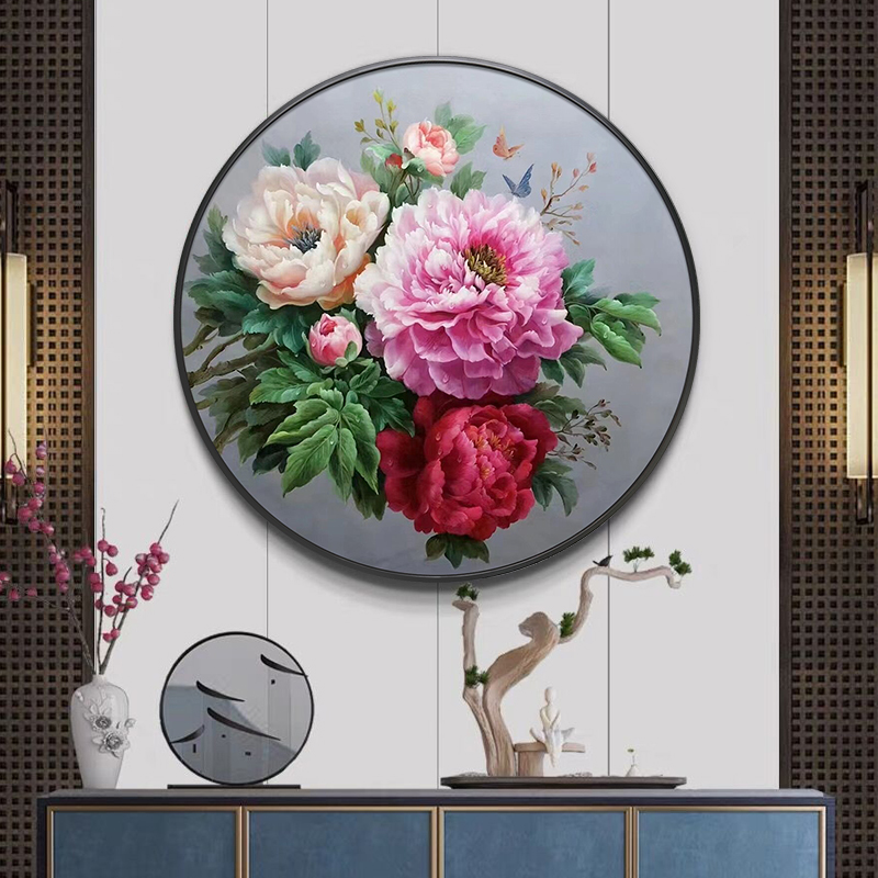 花开富贵纯手绘牡丹油画新中式花卉挂画玄关圆形画餐厅卧室装饰画图片