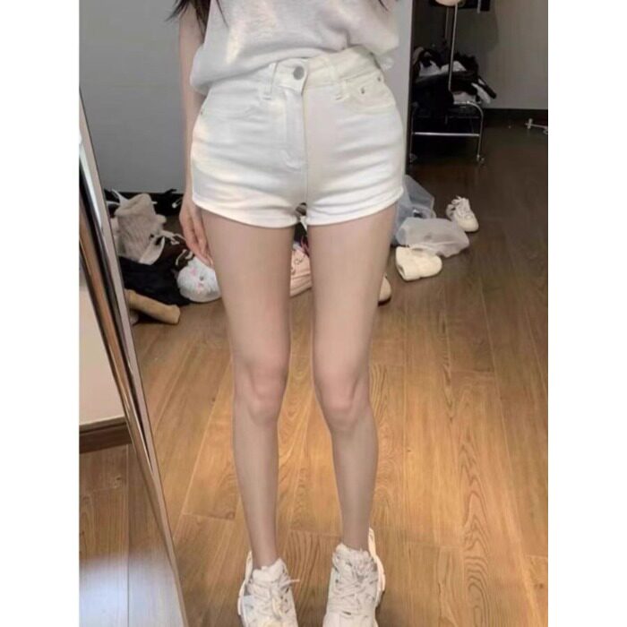 小个子150美式辣妹白色牛仔短裤复古145高腰弹力紧身显瘦包臀热裤