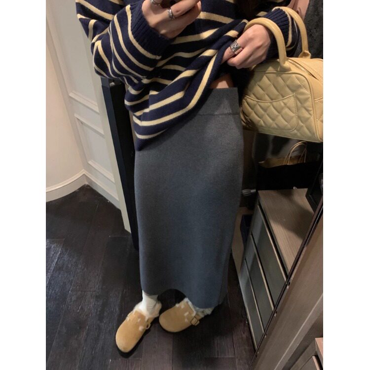 矮小个子针织休闲后半身裙显瘦穿搭145CM灰色直筒中长款包臀裙XXS