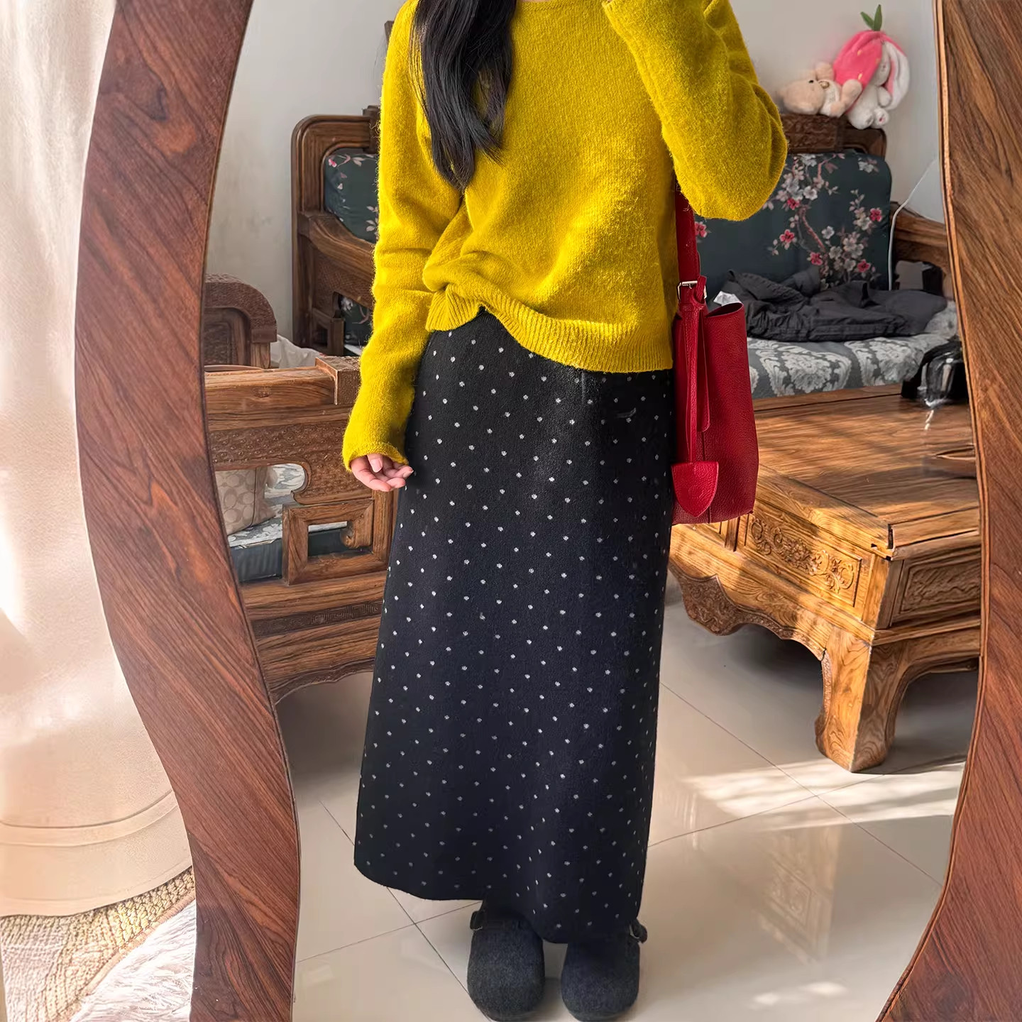 矮个子复古黑色波点毛呢半身裙休闲百搭150cm高腰中长款A字包臀裙