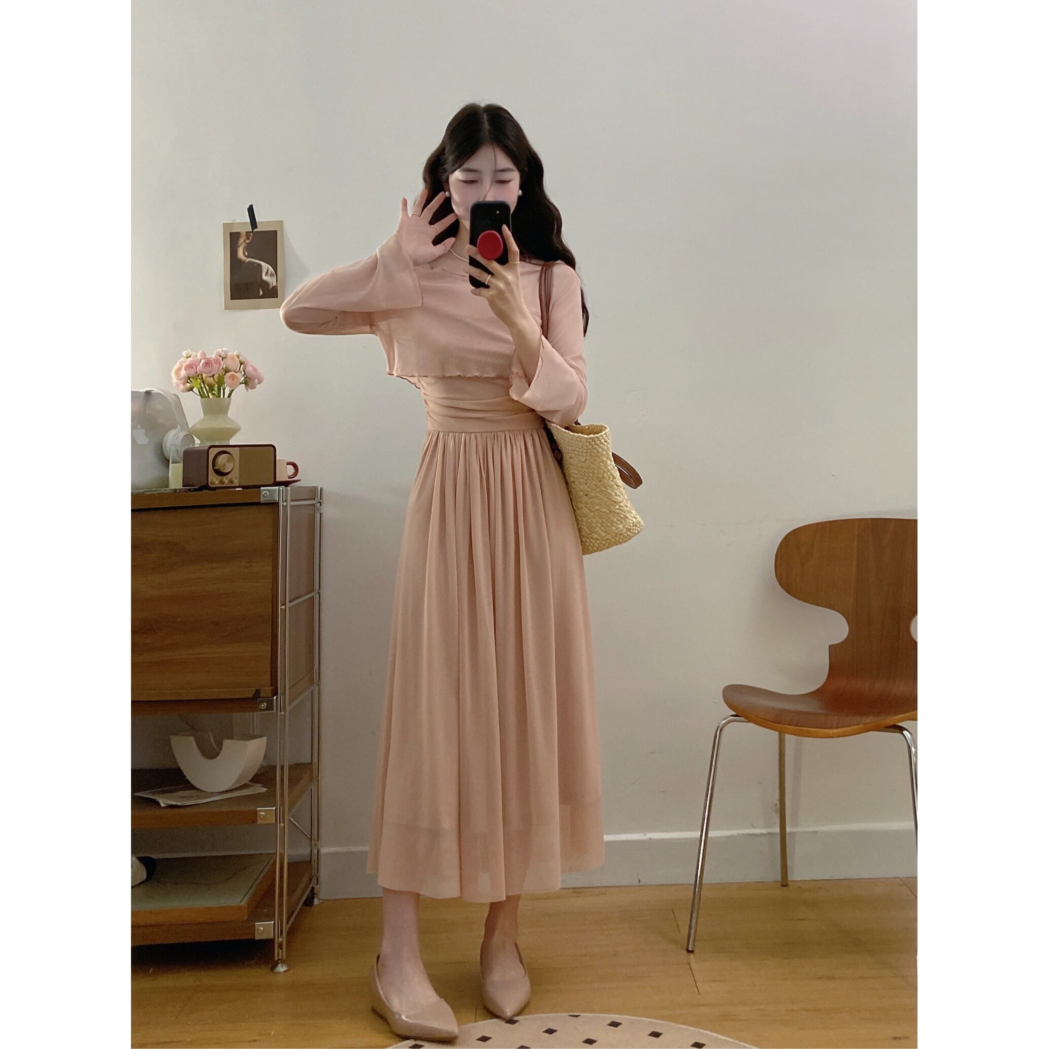 小个子145时尚套装女150粉色收腰吊带连衣裙温柔风网纱罩衫两件套