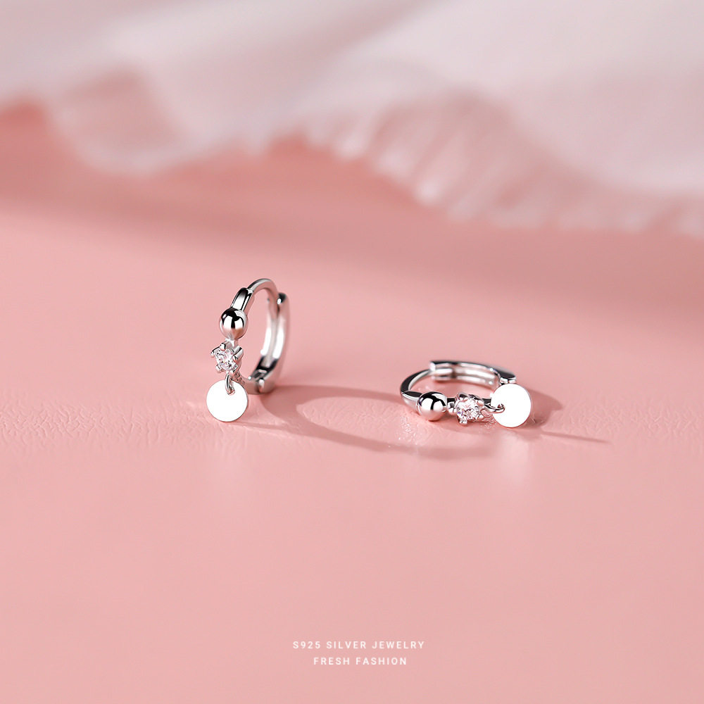 善鸿廷s925纯银耳环女气质淑女单钻圆片耳扣简约风百搭耳饰