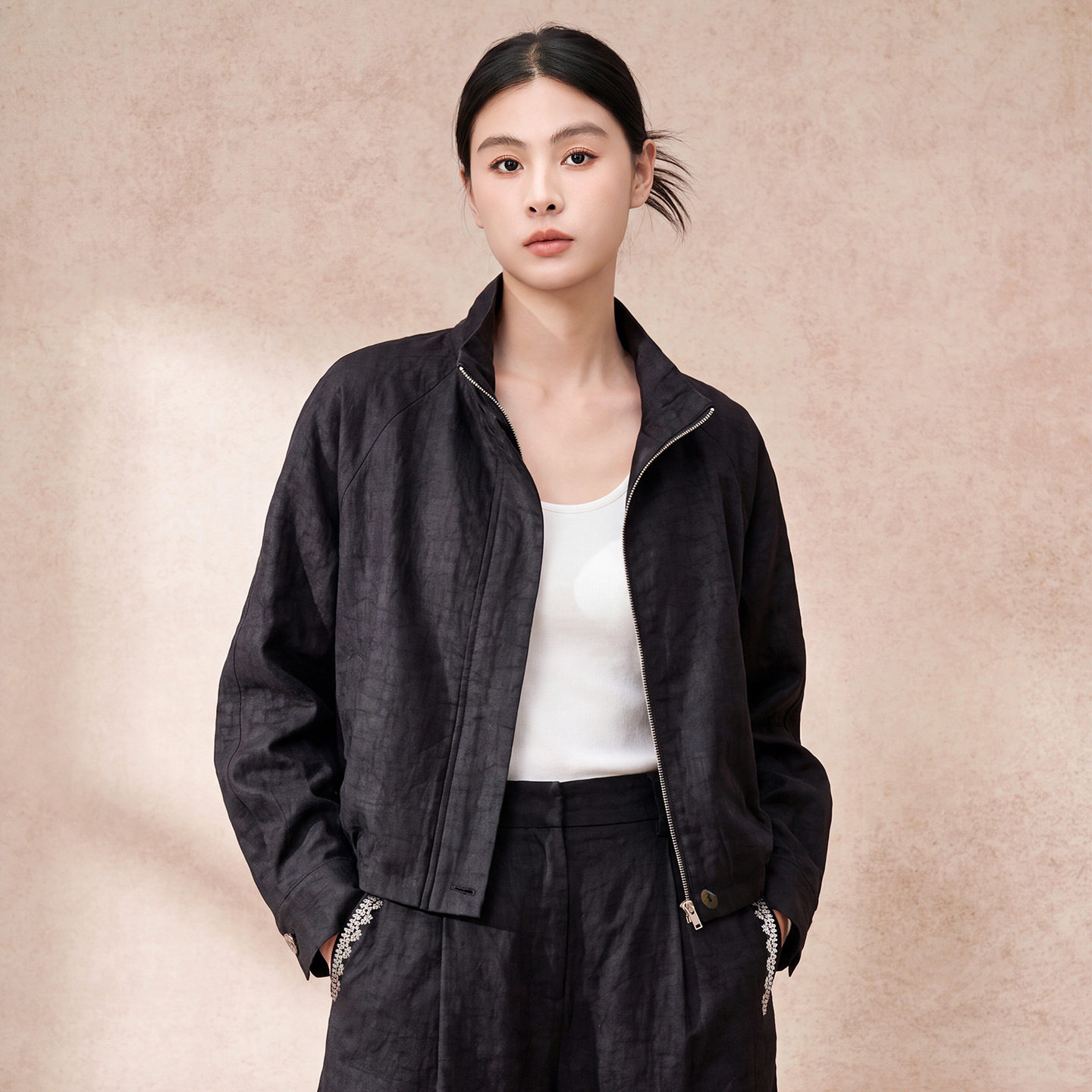 复古桑蚕丝宽松立领短外套女夹克