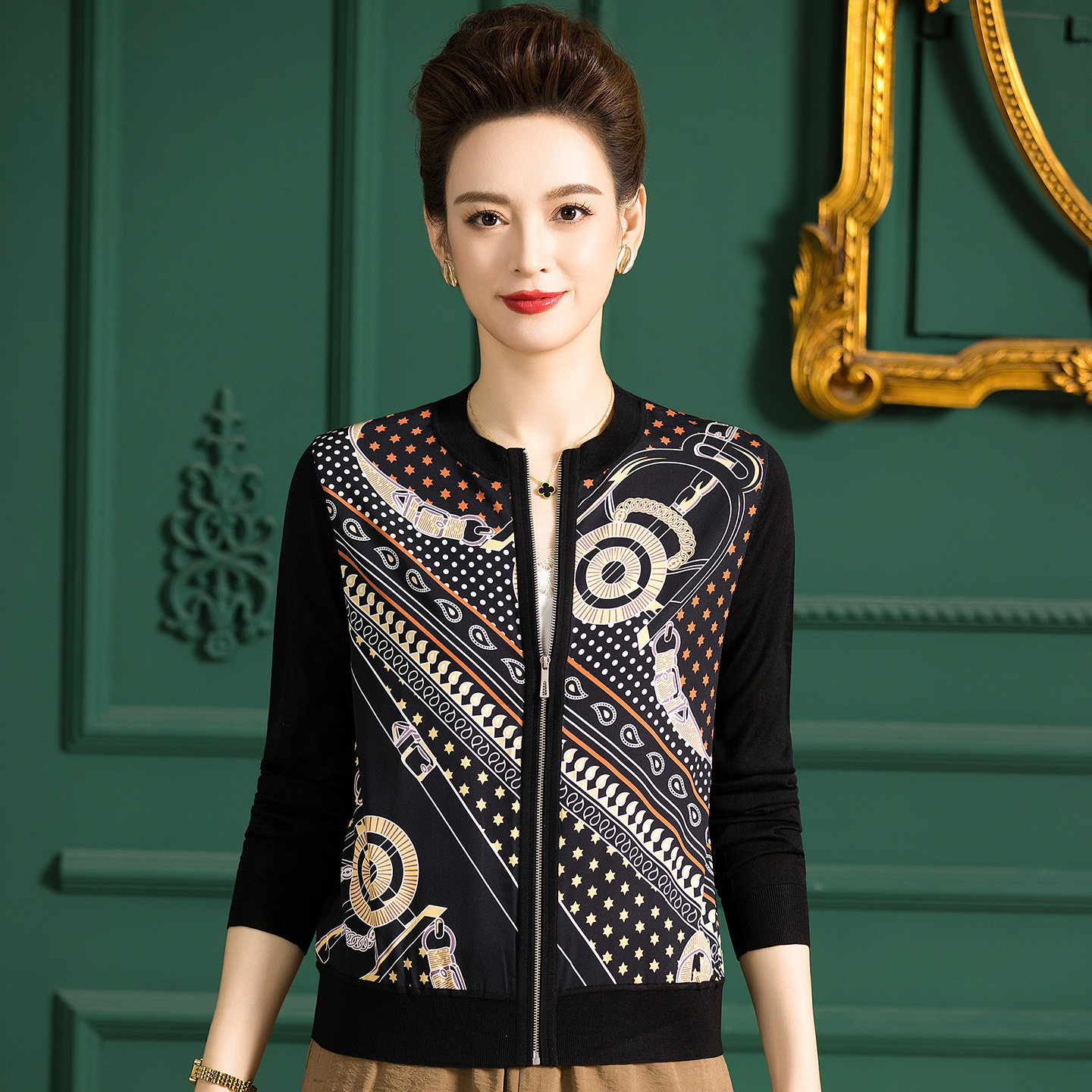 真丝拉链开衫2026新款中年妈妈春装女装上衣时尚印花防晒外套薄款