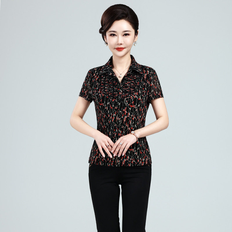 妈妈夏装上衣短袖台湾网纱小衫女