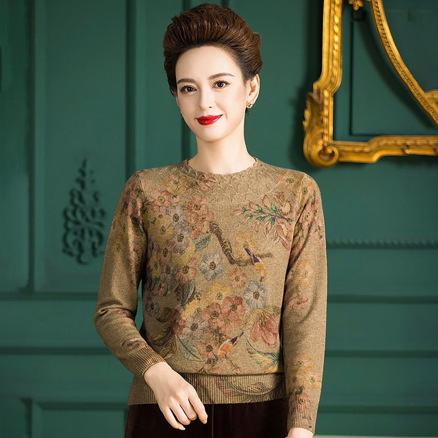 复古镶钻半高领羊毛衫妈妈装打底