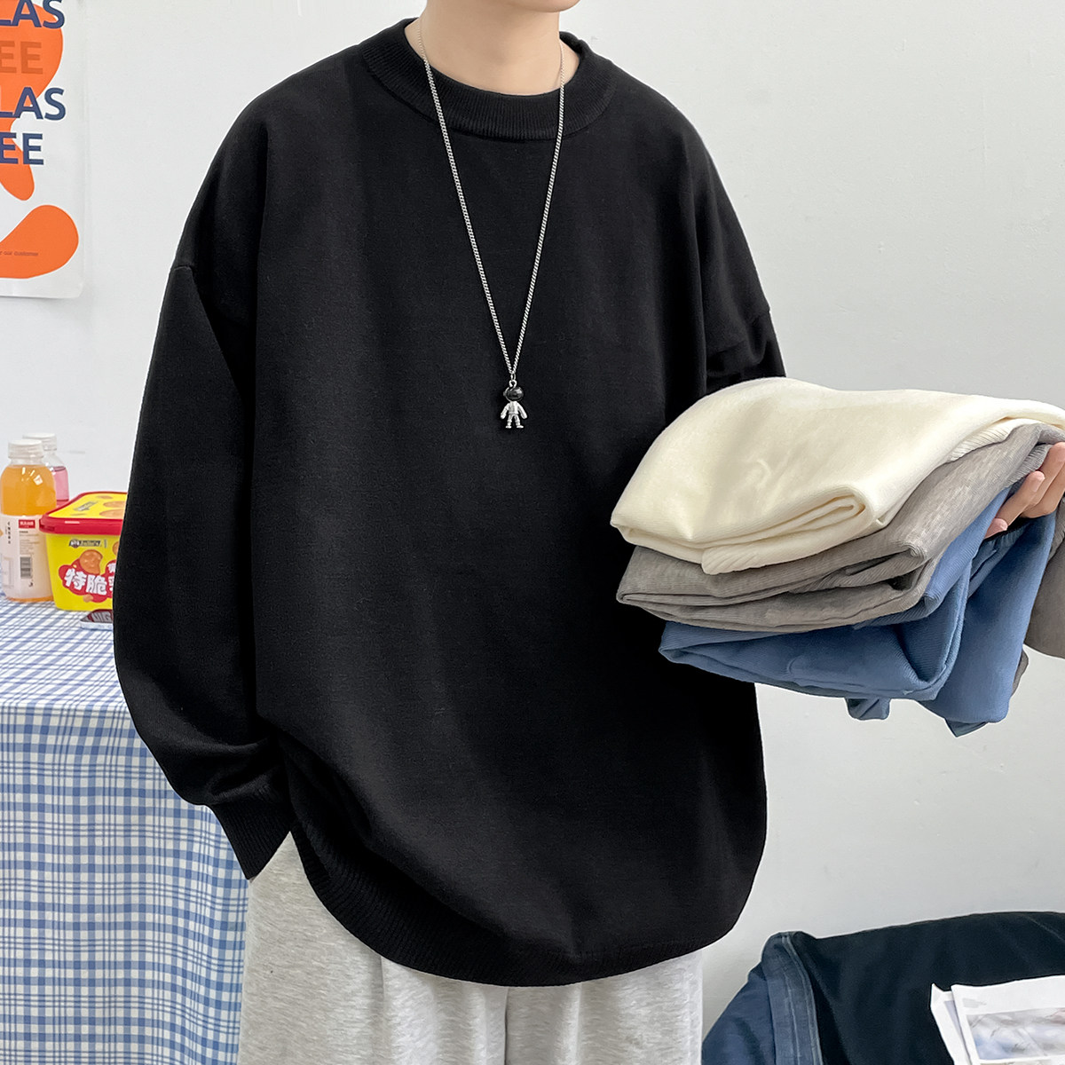2023秋季青少年毛衣宽松大码纯色休闲圆领针织衫 A155-MY01-TP35图片